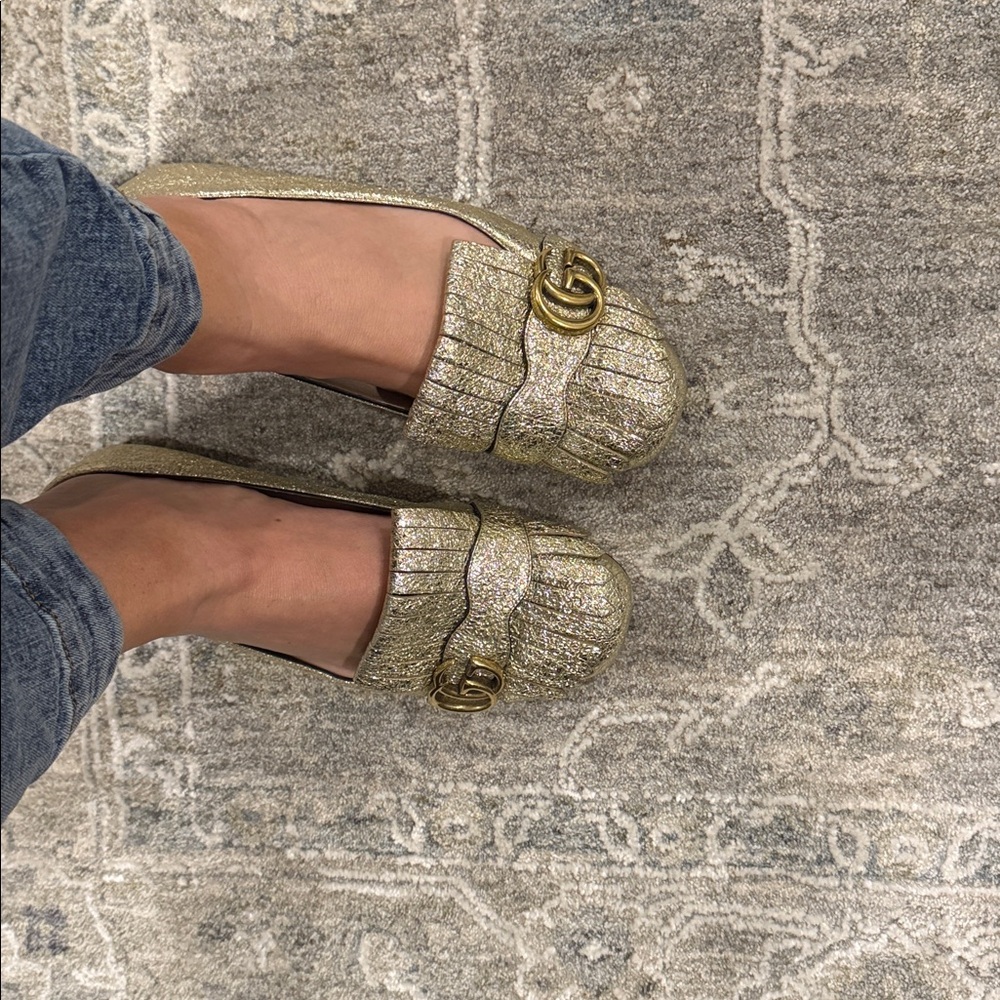 Gucci Gold Glitter Loafers with Fringe and Buckle